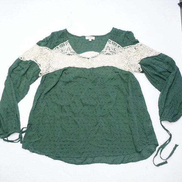 Umgee Blouse Top Women's Size Medium Green Swiss Dot Floral Crochet Yoke Lace - Picture 1 of 6